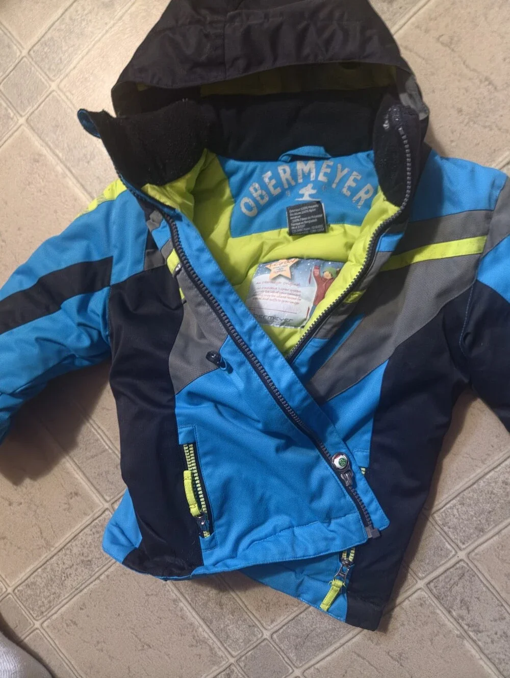 Obermeyer Blue, Gray & Lime Kids Hooded Puffer Jacket